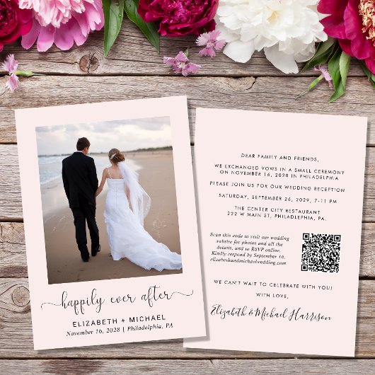 Elegant foto QR Code Roze bruiloft Receptie Kaart
