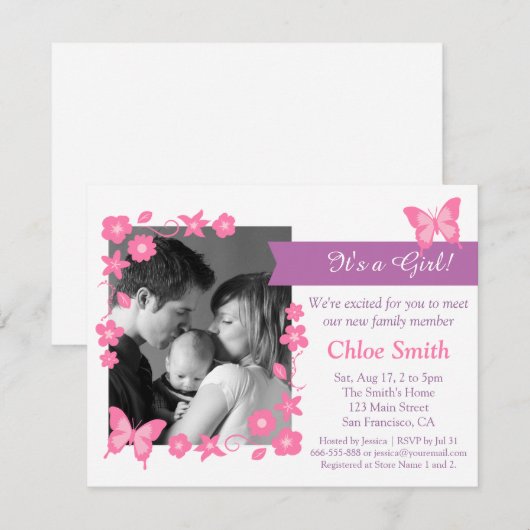 Elegant Foto Roze vlinder baby shower Kaart (Voorkant / Achterkant)