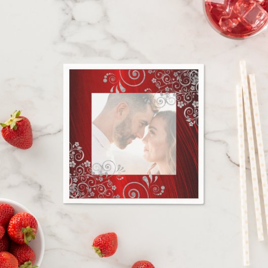Elegant Foto Ruby Red Gray Swirls Wedding Servet (Insitu)