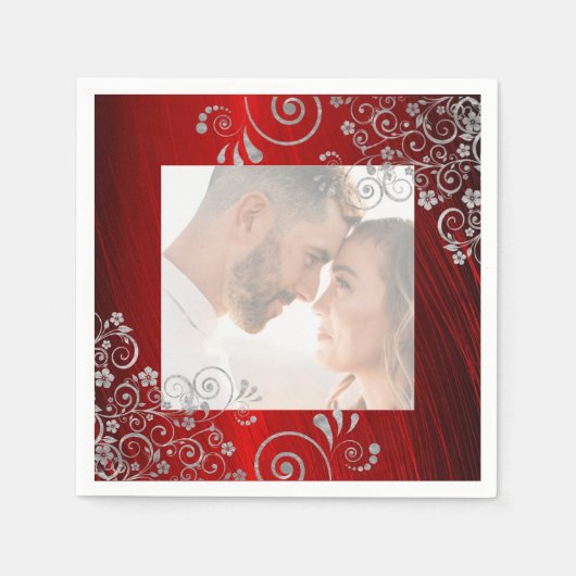 Elegant Foto Ruby Red Gray Swirls Wedding Servet (Voorkant)