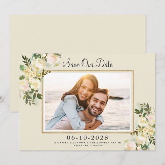 Elegant foto Save the Date Gold Lijst Floral (Voorkant / Achterkant)