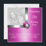 Elegant Foto Silver Pink Ballon 21st Birthday Kaart<br><div class="desc">Elegant voegt uw eigen Foto-,  Roze- en Zilverstrims en Balloons 21st Birthday Event Party Invitation toe. Pas je aan met je eigen gegevens.</div>