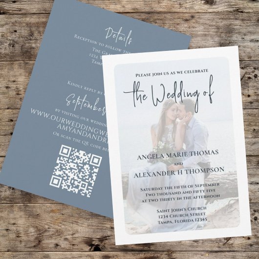 Elegant foto Simple QR Code Dusta Blue RSVP Kaart