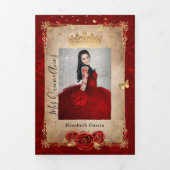 Elegant foto Spaans Rode Rose Gold Quinceanera Drieluik Uitnodiging (Cover)