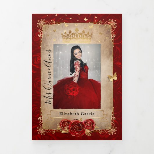 Elegant foto Spaans Rode Rose Gold Quinceanera Drieluik Uitnodiging (Cover)