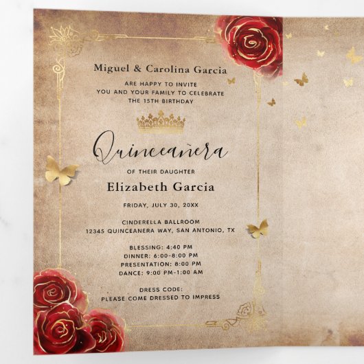 Elegant foto Spaans Rode Rose Gold Quinceanera Drieluik Uitnodiging (Binnenzijde eerst)