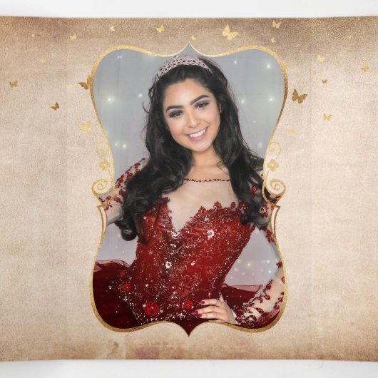 Elegant foto Spaans Rode Rose Gold Quinceanera Drieluik Uitnodiging (Binnenkant midden)