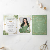 Elegant Foto: Spanish Sage Green Gold Quinceanera Drieluik Uitnodiging (Binnen)