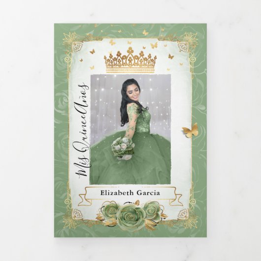 Elegant Foto: Spanish Sage Green Gold Quinceanera Drieluik Uitnodiging (Cover)