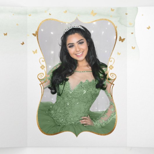Elegant Foto: Spanish Sage Green Gold Quinceanera Drieluik Uitnodiging (Binnenkant midden)
