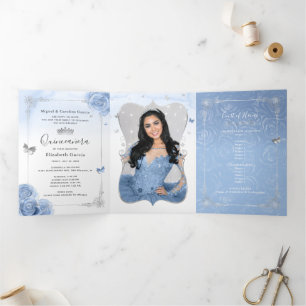 Elegant Foto van Spaanse baby Blue Silver Quincean Drieluik Uitnodiging