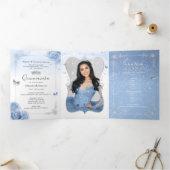 Elegant Foto van Spaanse baby Blue Silver Quincean Drieluik Uitnodiging (Binnen)