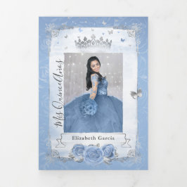 Elegant Foto van Spaanse baby Blue Silver Quincean Drieluik Uitnodiging