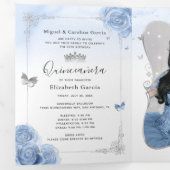 Elegant Foto van Spaanse baby Blue Silver Quincean Drieluik Uitnodiging (Binnenzijde eerst)