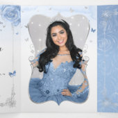 Elegant Foto van Spaanse baby Blue Silver Quincean Drieluik Uitnodiging (Binnenkant midden)