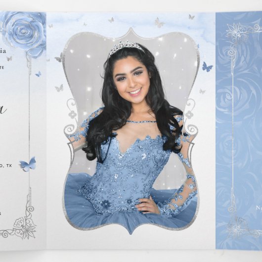 Elegant Foto van Spaanse baby Blue Silver Quincean Drieluik Uitnodiging (Binnenkant midden)