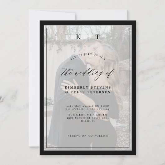 Elegant foto van zwarte en witte monogram bruiloft kaart (Voorkant)