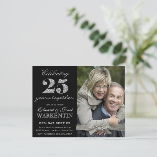 Elegant Foto Zilveren 25-jarig Huwelijksjubileum Kaart (Staand voorkant)
