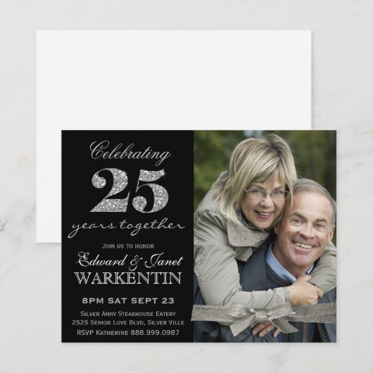 Elegant Foto Zilveren 25-jarig Huwelijksjubileum Kaart (Voorkant / Achterkant)