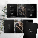 Elegant foto zwarte bruiloft RSVP details QR code Drieluik Uitnodiging<br><div class="desc">Moderne, eenvoudige, minimale typografische trendy zwart in één sjabloon voor de uitnodiging voor een budgetbruiloft met 2 foto's, rsvp en details met scancodenummers met een draaiend kalligrafisch script en donkere bedekking. Gemakkelijk om met één of twee douanefoto's (u kunt de zelfde foto aan beide kanten uploaden) en gastinformatie aan beide...</div>