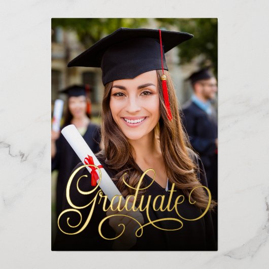 Elegant fotoscript Afstuderen zwart Folie Uitnodiging (Voorkant)