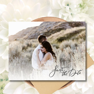 Elegant Fotoscript Bruiloft Sla de datum op Aankondigingskaart