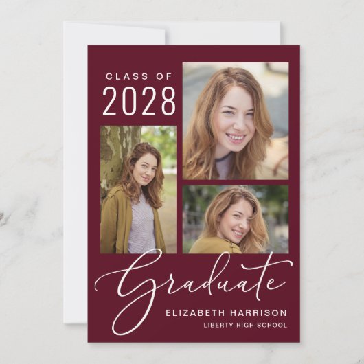 Elegant fotoscript Burgundy Graduparty Kaart (Voorkant)