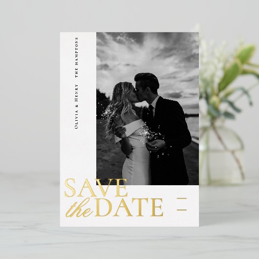 Elegant fotoscript Sla de datum op Folie Feestdagenkaart (Staand Voorkant)