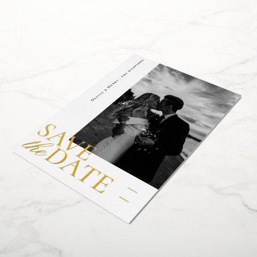 Elegant fotoscript Sla de datum op Folie Feestdagenkaart (Gedraaid)