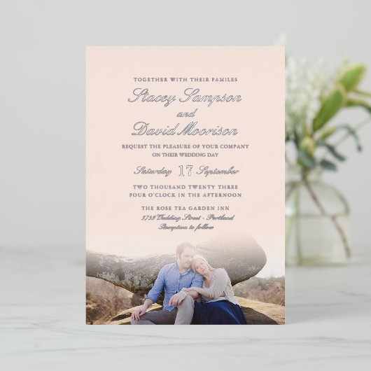 Elegant fotoweddenschap met Real Silver Folie Uitnodiging (Staand Voorkant)