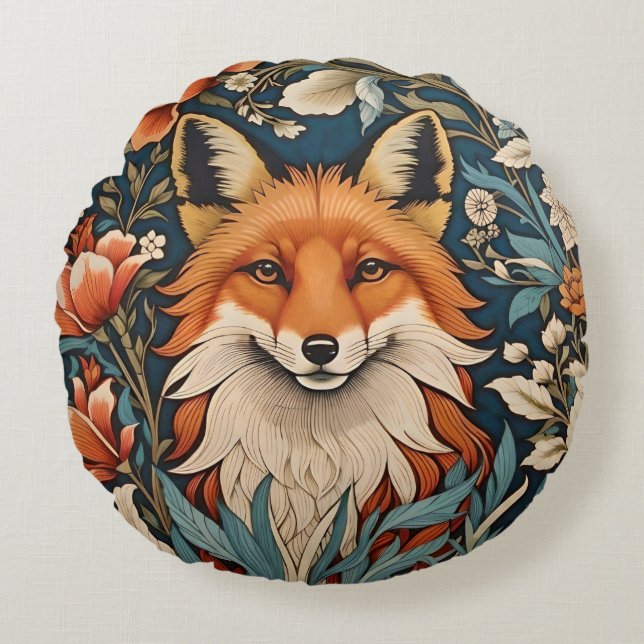 Elegant Fox William Morris geïnspireerd Floral Rond Kussen (Voorkant)