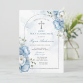 Elegant Frame Blue Floral First Holy Communion  Kaart (Staand voorkant)