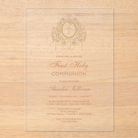 Elegant Frame Holy Cross First Holy Communion Acryl Uitnodigingen (Voorkant)
