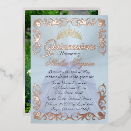 Elegant Frame & Photo on Pastel Blue Quinceanera  Folie Uitnodiging