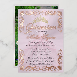 Elegant Frame & Photo on Pastel Pink Quinceanera  Folie Uitnodiging