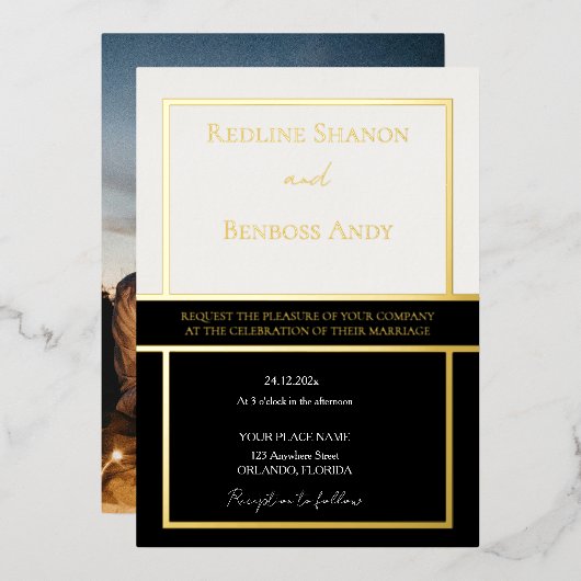 Elegant Framed Ivory & Black Design Gold Folie Uitnodiging (Voorkant / Achterkant)