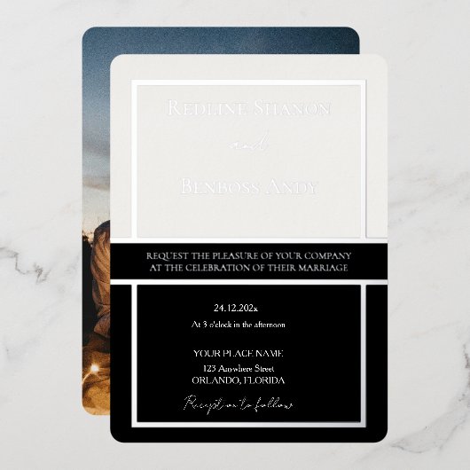 Elegant Framed Ivory & Black Design Silver Folie Uitnodiging (Voorkant / Achterkant)