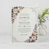 Elegant Framed Peonies Elegant QR Code Wedding Kaart (Staand voorkant)