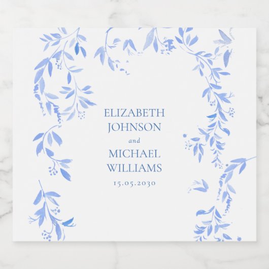 Elegant Frans Blauw Bloemen Botanische Bruiloft Sparkling Wijnetiket (Enkel label)