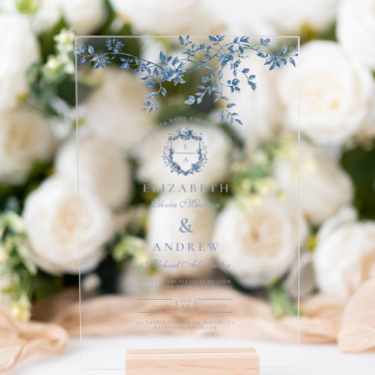 Elegant Frans  Blauw Bloemen Bruiloft Acryl Bord