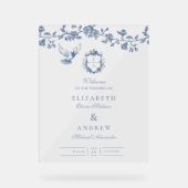 Elegant Frans  Blauw Bloemen Bruiloft Acryl Bord (Voorkant)