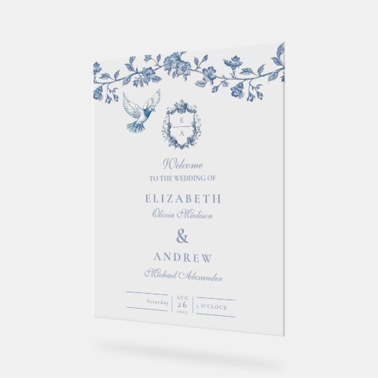 Elegant Frans  Blauw Bloemen Bruiloft Acryl Bord (Hoek)