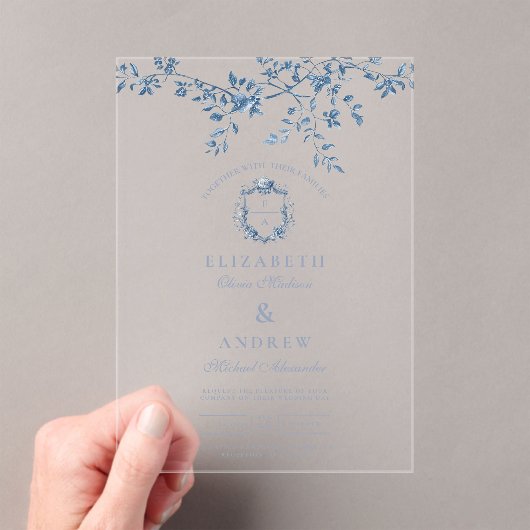 Elegant Frans Blauw Bloemen Bruiloft Acryl Uitnodigingen (Insitu (Draagbaar))