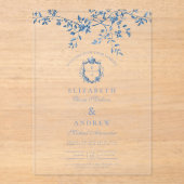 Elegant Frans  Blauw Bloemen Bruiloft Acryl Uitnodigingen (Voorkant)