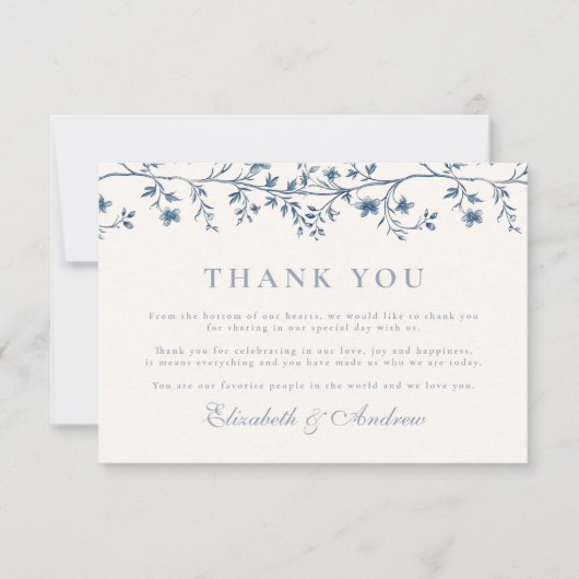 Elegant Frans  Blauw Bloemen Bruiloft Bedankkaart (Voorkant)