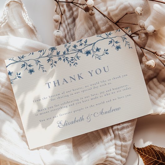 Elegant Frans  Blauw Bloemen Bruiloft Bedankkaart