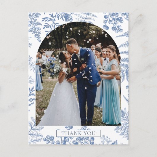 Elegant Frans Blauw Bloemen Bruiloft Dank u Briefkaart (Voorkant)