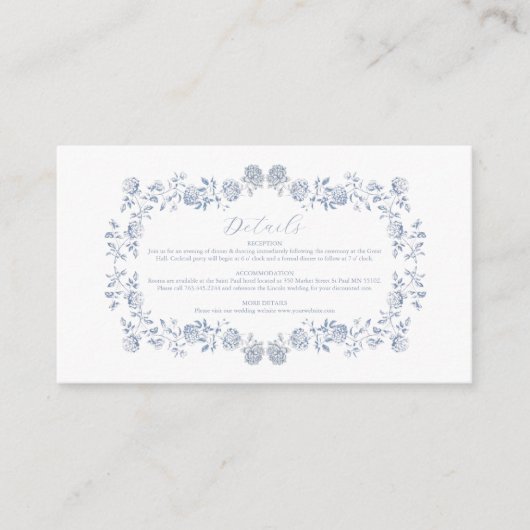 Elegant Frans  Blauw Bloemen Bruiloft Informatiekaartje (Voorkant)
