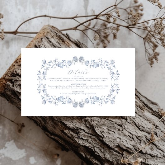 Elegant Frans  Blauw Bloemen Bruiloft Informatiekaartje