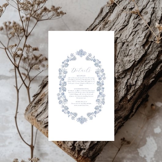 Elegant Frans  Blauw Bloemen Bruiloft Informatiekaartje